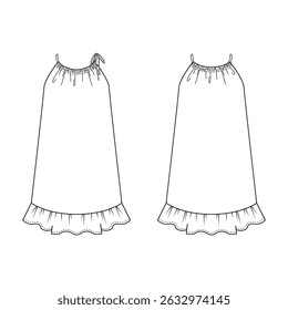 Flat sketch of sleeveless ruffle dress for fashion designers, dress layout showing sewing lines, dress diagram presenting construction details