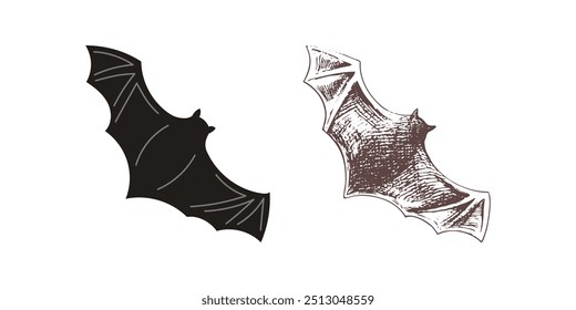 Flacher und skizzierter Fledermaus auf weißem Hintergrund. Cartoon Halloween Vektorgrafik.