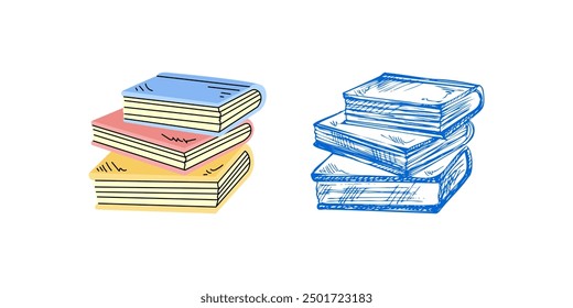 Flat  and sketch style  Illustration. Back to School. School essential illustration. Vector textbooks sketch.