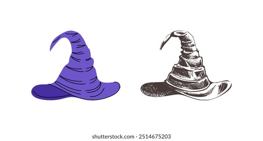 Flat  and sketch style illustration for Halloween. A sketch of a witch's pointed hat. Vector illustration.	