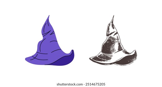Flat and sketch style illustration for Halloween. A sketch of a witch's pointed hat. Vector illustration.	