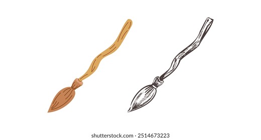 Flat and sketch style magic broom. Element of witchcraft. Symbol of magic. A vehicle for the witch.  Broomstick or print for Halloween or all saints ' day. Vector illustration.	