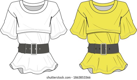 Flat sketch top clothing design for young girls.