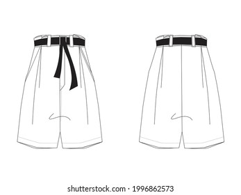 Flat sketch of women for short pants. Detailing of belt, belt loops, diagonal pockets and high waist paper bag finish waist. Digital flat sketch back and front. For colour ways , techpack and CAD. 