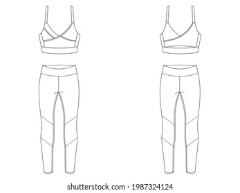 Flat sketch of women's active wear. Detailing of sports bra with cut out at back and leggings, with seams overlock detailing. 