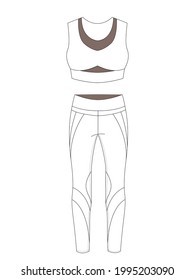 Flat sketch of women's active wear. Detailing of sports bra and leggings with panel. Women's active wear clothing.