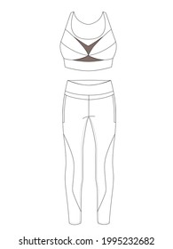 Flat sketch of women's active wear. Detailing of sports bra and leggings with panels. Technical flat  sketch of women's active wear.