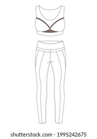 Flat sketch of women's active wear. Detailing of sports bra and leggings panel. Technical sketch of  women's active wear. 