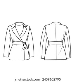 Flat sketch of women's blazer jacket, drawing vector template. Vector illustration. Isolated on a white background.