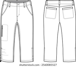 Flat sketch of Women's Capri pants in vector format. Front and back views.