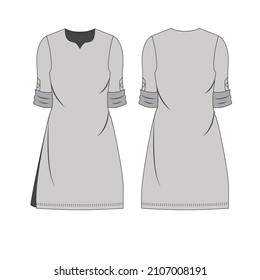 Flat sketch of women's kurta. Vector illustration of women's kurti with sweet heart neckline and 3quater roll up sleeve. Regular hem line and slit on both side. Usage in making CAD.