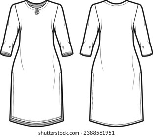 Flat sketch of women's kurta. Vector illustration of women's kurti with loop neckline. Front and back. Women's clothes.