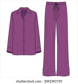 Flat sketch of WOMENS SATIN MATCHING PYJAMA SET in retro SEAMLESS print