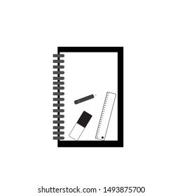 flat sketchbook icon with pencil, ruler, and eraser