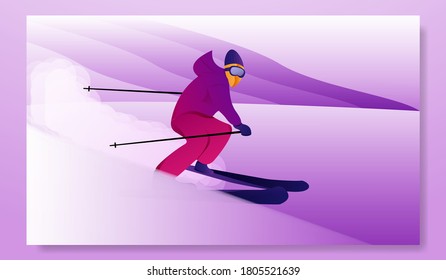 Flat ski character in mountain background. Purple skiing vector landscape background. Winter vacation Celebration.