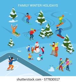 Flat Ski resort with snowy background, adult and children on sled, skiing, snowboard, skates, having fun making snowman vector illustration. Family Winter holidays, sports concept.