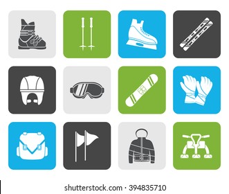 Flat ski and snowboard equipment icons - vector icon set