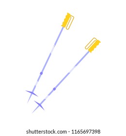 Flat ski sticks with yellow handles icon. Winter extreme mountain sport, leisure activity equipment element. Outdoor activity. Vector isolated illustration.