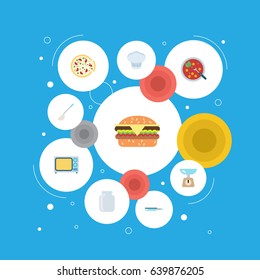 Flat Skillet, Fast Food, Glass Container And Other Vector Elements. Set Of Cooking Flat Symbols Also Includes Chef, Weight, Italian Objects.