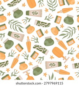 Flat skincare cosmetic seamless pattern with lotion, cream and jar as soft beauty product. Skin care bottle, tube and organic pack form colorful background texture for spa banner or natural bodycare