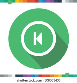 Flat skip backward media control icon in a cercle with a long shadow.