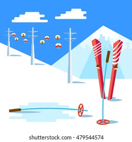 Flat Skis and ski poles standing in snow. Vector Landscape with ski lift, the ski slopes and snowy mountain above. Winter sunny relax day and adventure