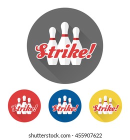 Flat skittles set and word Strike. Bowling icons vector