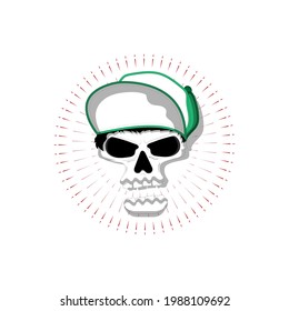 Flat skull with green cap, Vector drawing design for decoration background.