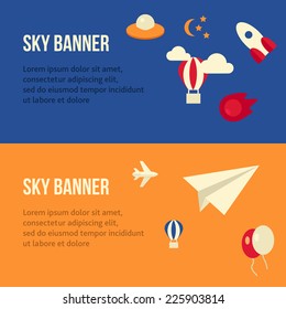 Flat sky banners set with missile, plane, cloud and star, for start up