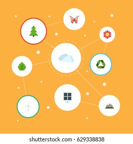 Flat Sky, Foliage, Sun Power And Other Vector Elements. Set Of Nature Flat Symbols Also Includes Blossom, Wind, Reuse Objects.