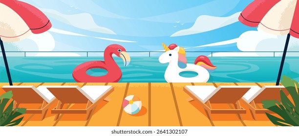 Flat Sky pool Illustration with Floating Unicorn, Flamingo, and Poolside Relaxation Setup