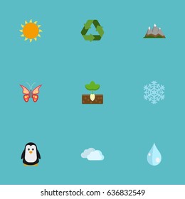 Flat Sky, Sunshine, Sprout And Other Vector Elements. Set Of Green Flat Symbols Also Includes Blob, Snowflake, Water Objects.