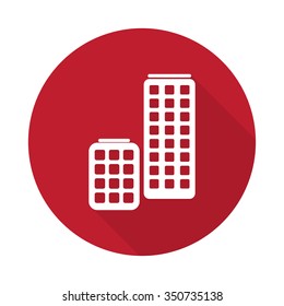 Flat Skyscrapers icon with long shadow on red circle
