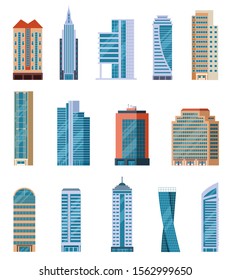 Flat skyscrapers. Modern city tall buildings. Residential and office houses exterior. Apartment blocks isolated cartoon vector set