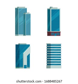 Flat skyscrapers. Modern city tall buildings. Residential and office houses exterior. Apartment blocks isolated cartoon vector set