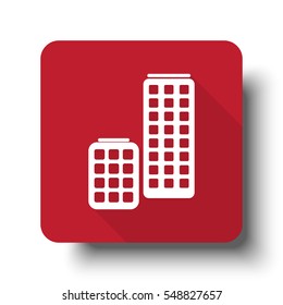 Flat Skyscrapers web icon on red button with drop shadow