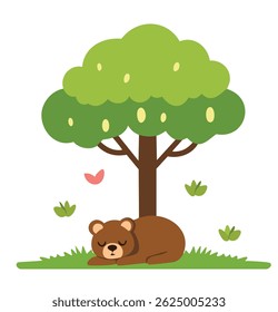 Flat Sleeping Bear Under Tree Vector