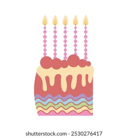 Flat slice of cake with candles and decor vector illustration