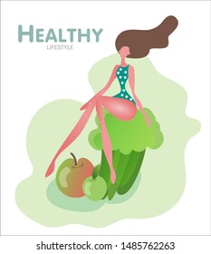 Flat slim girl with vegetables healthy food banner