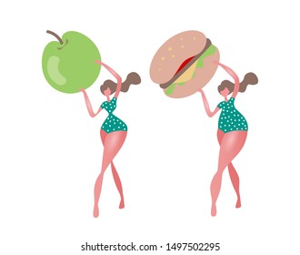 Flat slim girl with vegetables healthy food banner diet plan woman character health lifestyle organic nutrition