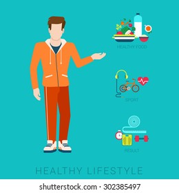 Flat slim healthy lifestyle vector infographics concept. Thin male man human figure front view with icons of life style elements. Health and fitness collection.