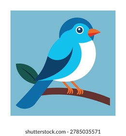 Flat of a small blue bird perched on a brown tree branch against a light blue square background