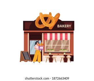 Flat small business concept with bakery building and woman vector illustration