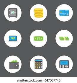 Flat Small Change, Atm, Billfold And Other Vector Elements. Set Of Business Flat Symbols Also Includes Calculator, Machine, Small Objects.