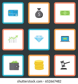 Flat Small Change, Payment, Finance Sack And Other Vector Elements. Set Of Finance Flat Symbols Also Includes Coins, Currency, Sack Objects.