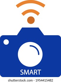 Flat smart camera icon vector isolated on white background. A simple modern camera shape with wi-fi symbol. Internet of things, cloud computing and smart technology concept design with blue color.