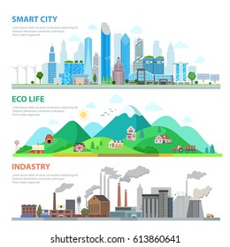 Flat Smart city, Eco life, Industry infographics template vector illustration set. Ecology and nature pollution concept. Buildings, skyscrapers, nature, hills and mountain, factory backgrounds.