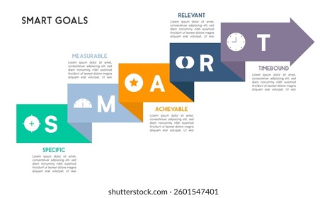Flat SMART Goals Infographic with Layered Arrows and Shadows Vector Illustration