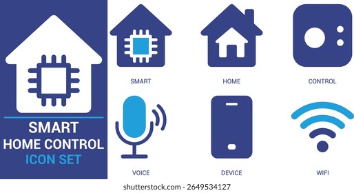 Flat smart home control icons featuring smart house, voice assistant, device, wireless signal, and automation. Best for mobile apps, tech UI, and home system UI kits.

