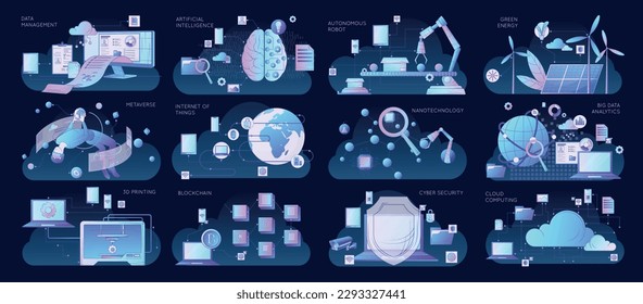 Flat smart industry 4.0 set on dark background with iot nanotechnology cyber security metaverse green energy isolated vector illustration